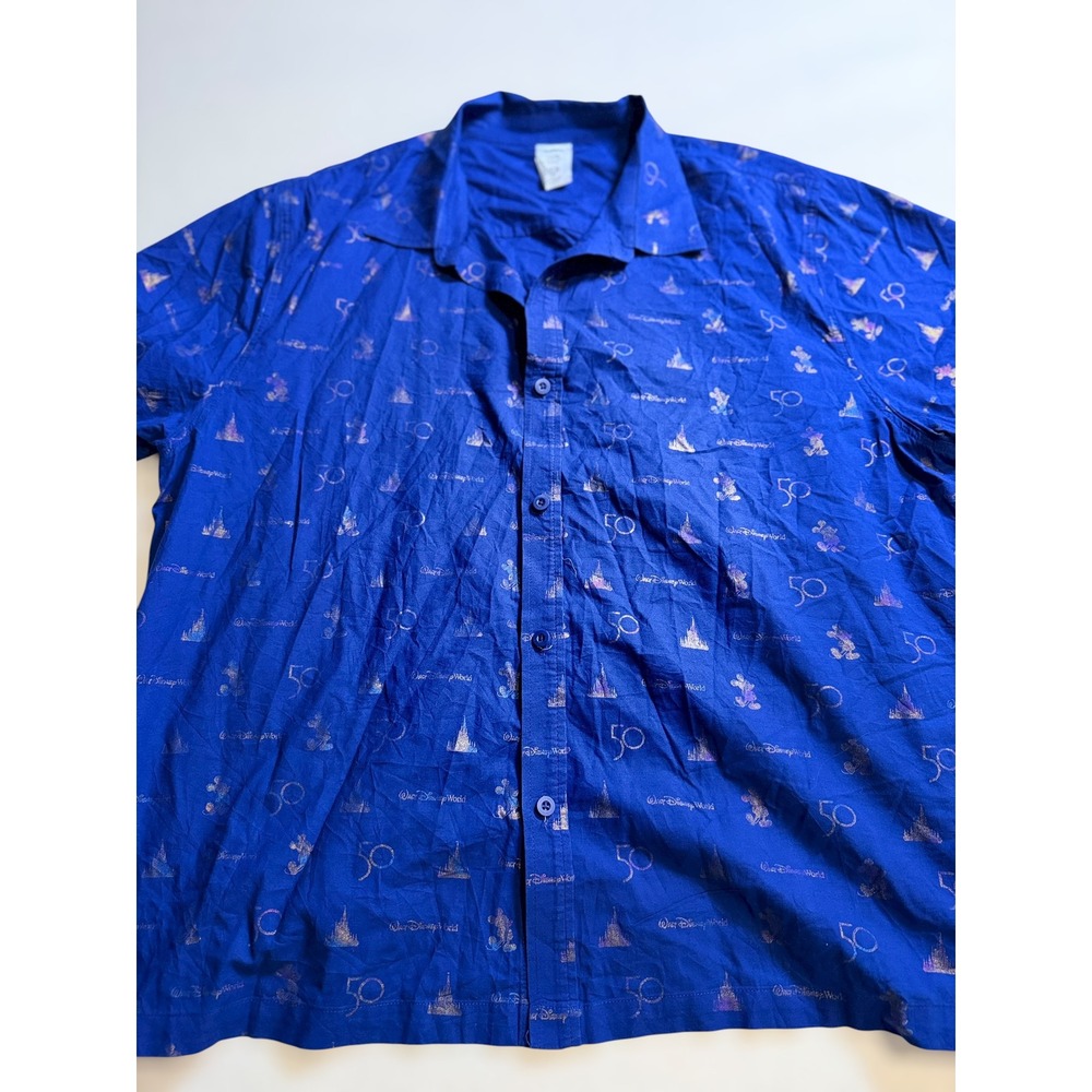 Disney Parks Walt Disney World 50th Anniversary Blue Foil Button Down Shirt 5X
